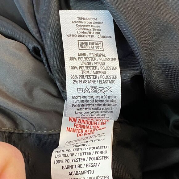 Topman Jacket Mens XS Olive Green Full Zip Windbreaker Performance Elastic Waist - Picture 4 of 10